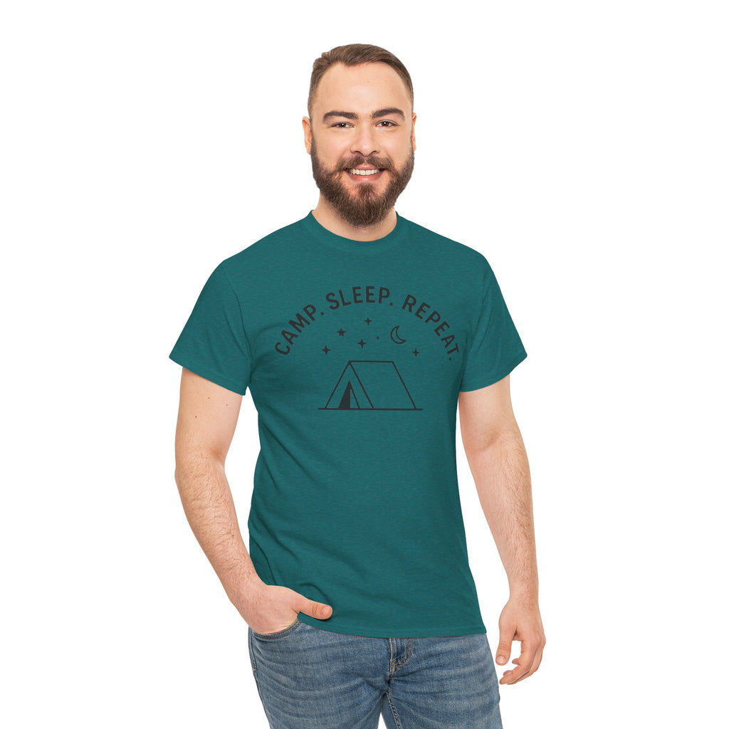 Camp, Sleep, Repeat Tent Graphic Tee — Casual Camping T‑Shirt for Outdoor Lovers