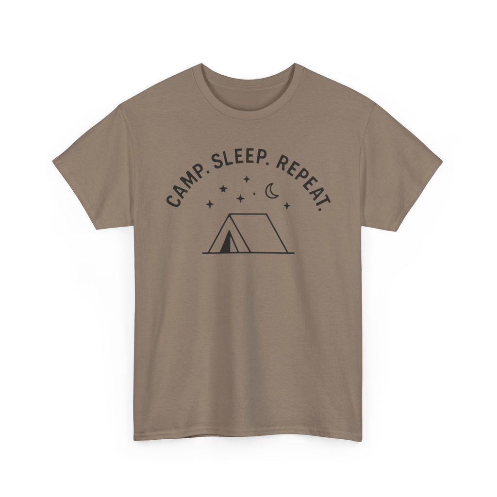 Camp, Sleep, Repeat Tent Graphic Tee — Casual Camping T‑Shirt for Outdoor Lovers